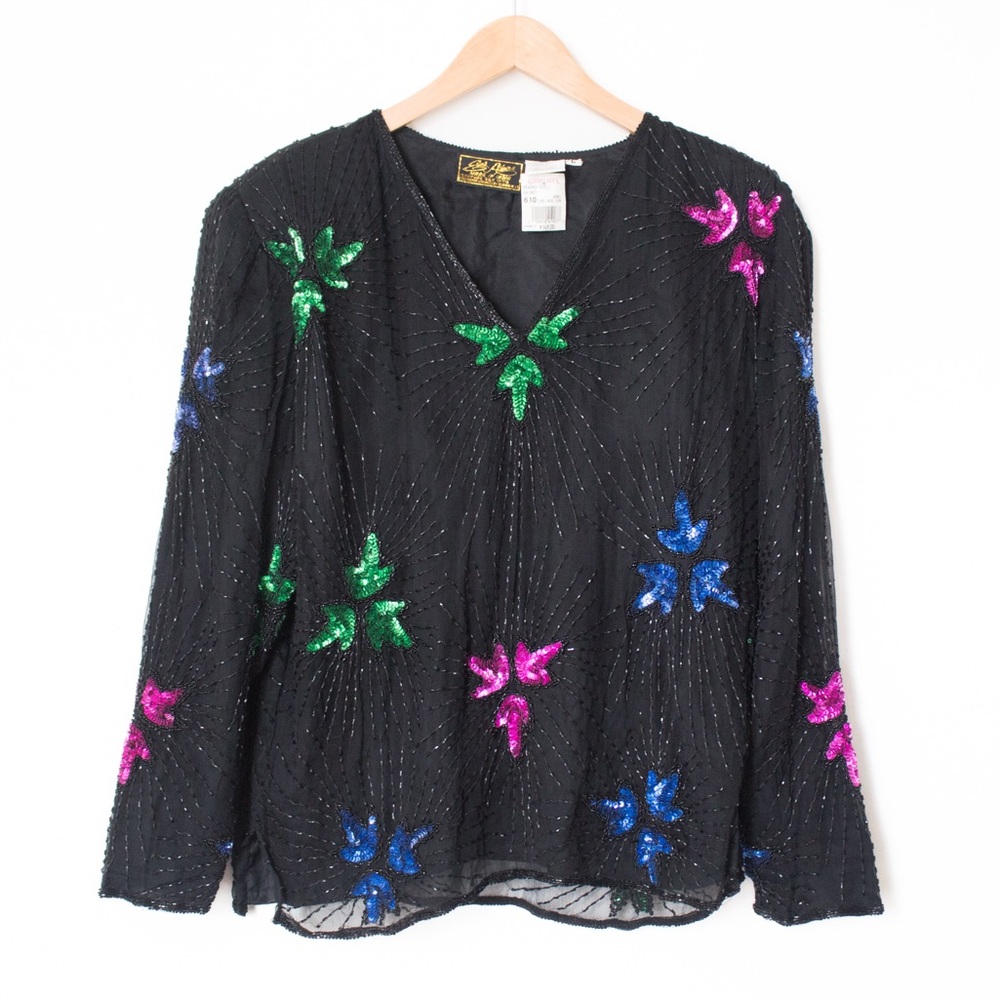 Eve's Allure | Vintage 80s NWT Long Sleeve Black Sequined Trophy Blouse | Size L